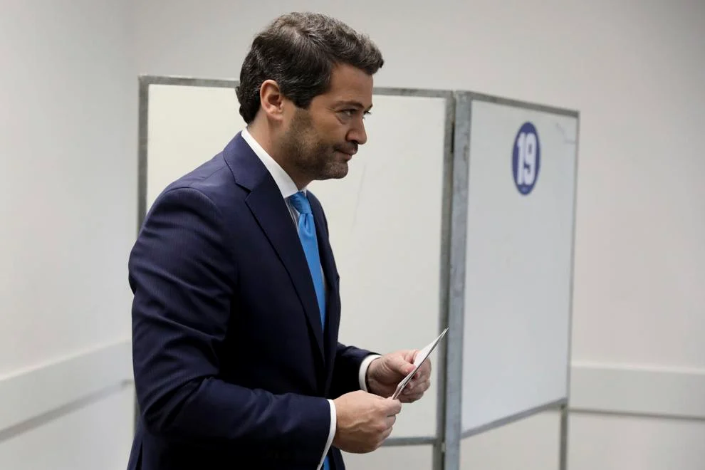 Populist right wing Chega leader André Ventura, walks to casts his ballot at a polling station in Lisbon, Sunday, March 10, 2024. Portugal is holding an early general election on Sunday when 10.